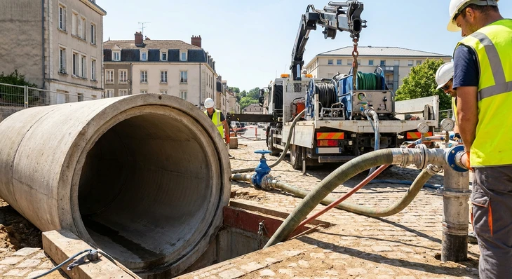 Chantier de voirie urbaine avec ouvriers en équipements de sécurité haute visibilité effectuant des travaux de canalisation