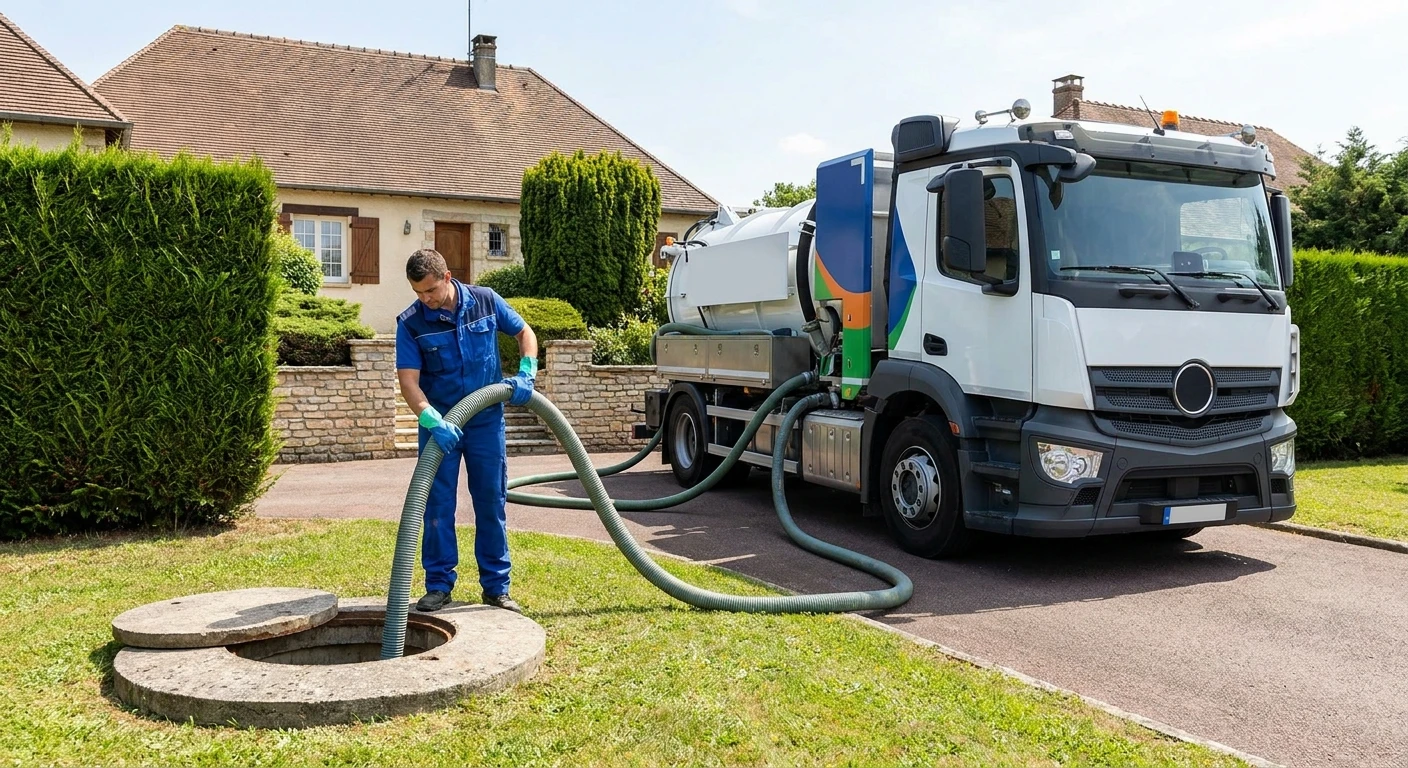 Camion d'assainissement jaune stationné devant un bâtiment historique en pierre, tuyaux verts déployés vers une bouche d'égout pour vidange ou curage