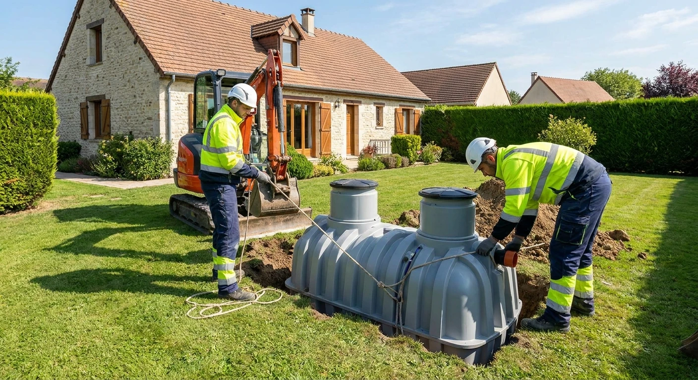 Terrain extérieur avec fosse septique en béton circulaire équipée d'un regard d'accès et d'un conduit de ventilation bleu PVC
